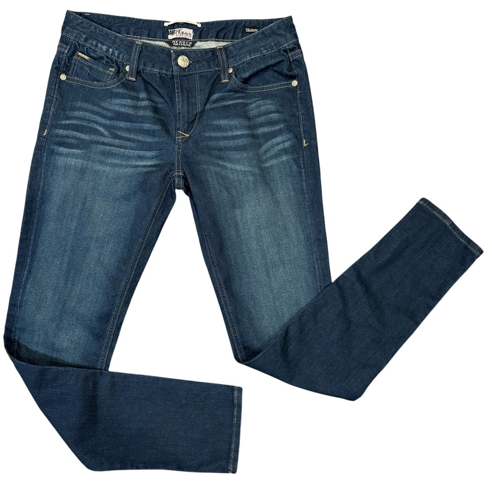 Rerock for Express Y2K Low Rise Embroidered Blue Denim Skinny Jeans SIze 6